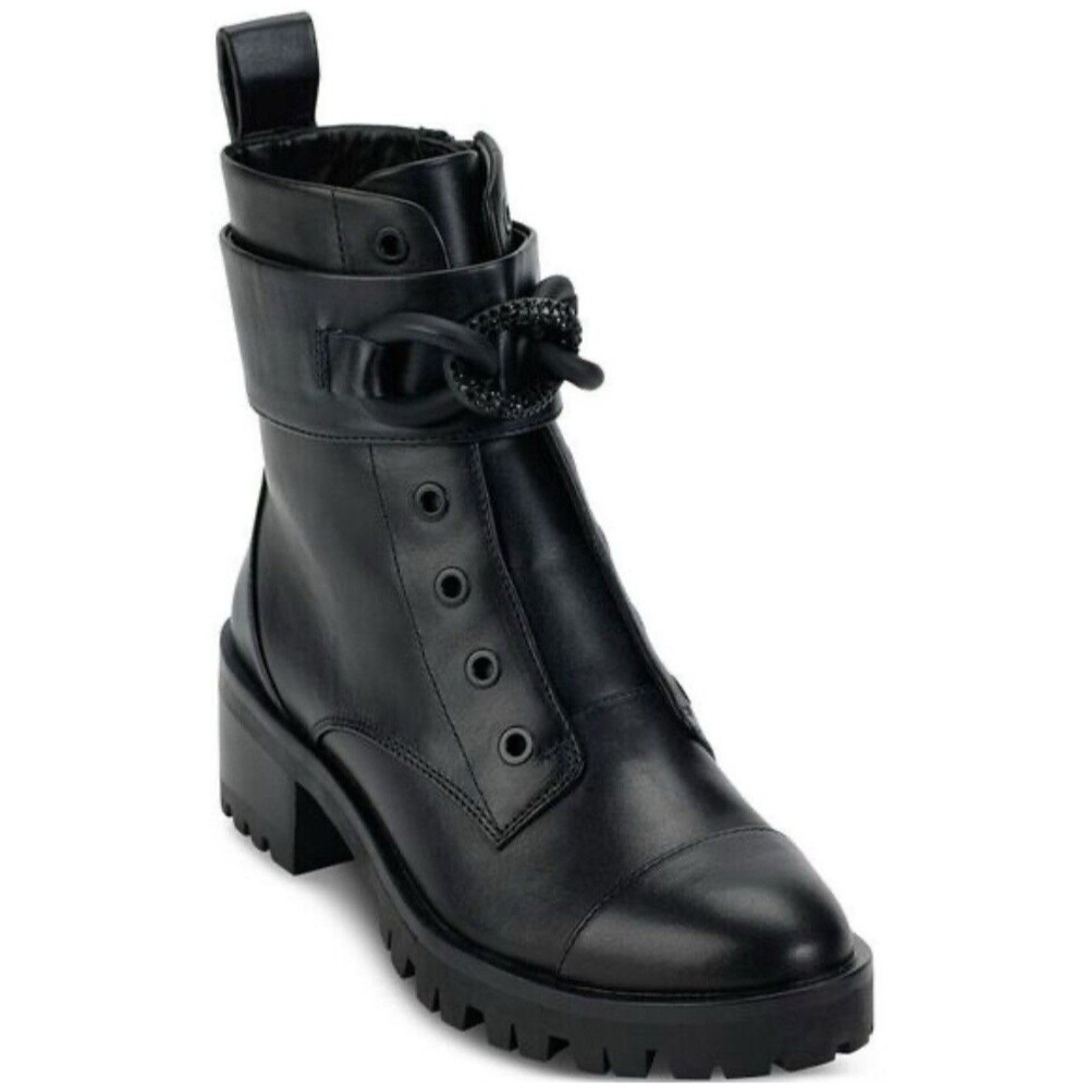 KARL LAGERFELD Paris Pepper Jeweled Chain Lug Sole Combat Boots Black Size 7